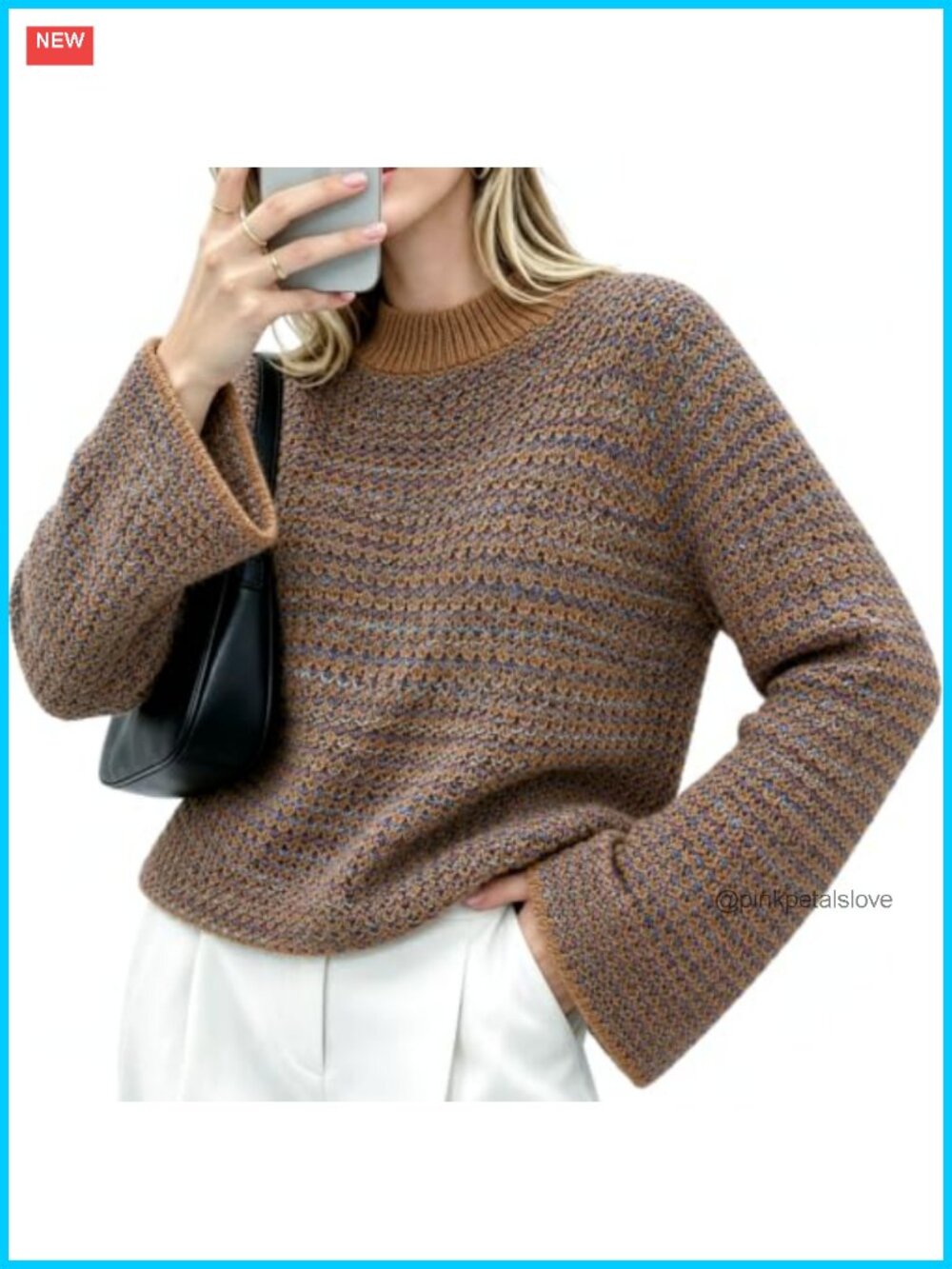 Women Chunky Knit Mock Neck Sweater Retro Print Pullover Long Sleeve